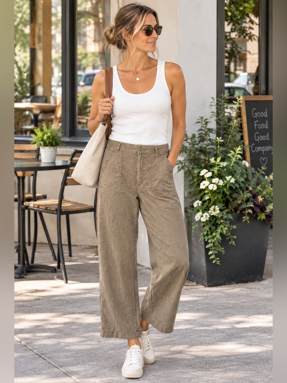 Kut from the Kloth Tan Wide-Leg Linen-Blend Chinos